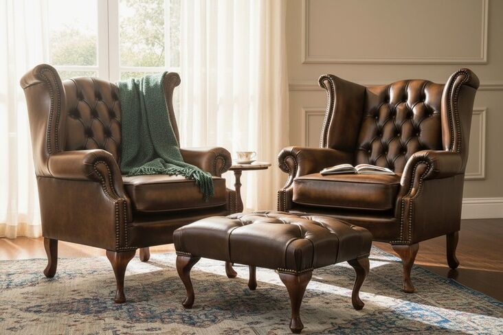 Chesterfield 2 x Queen Anne Chairs+Footstool Leather Sofa Suite Offer Antique Gold