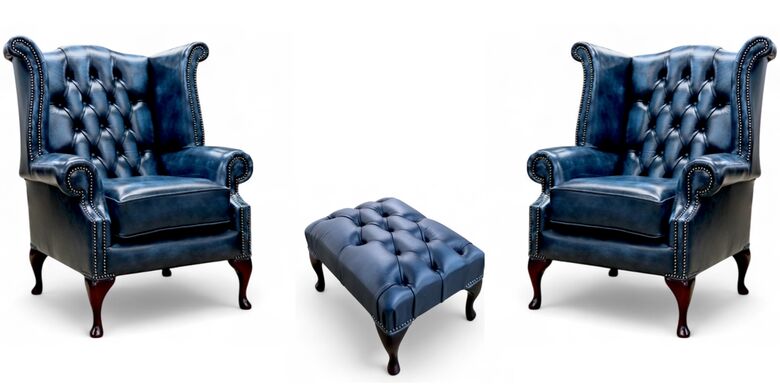 Chesterfield 2 x Queen Anne Chairs + Footstool Leather Offer Antique Blue