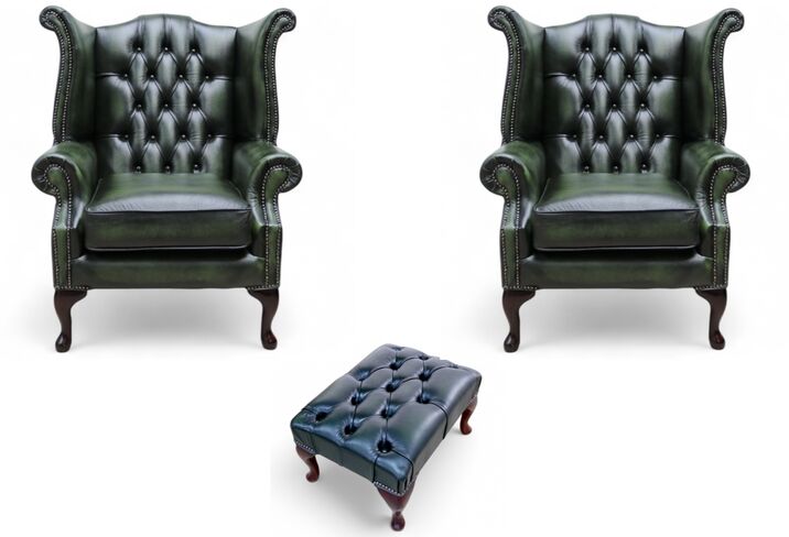 Chesterfield 2 x Queen anne Chairs+footstool Leather Sofa Suite Offer Antique Green