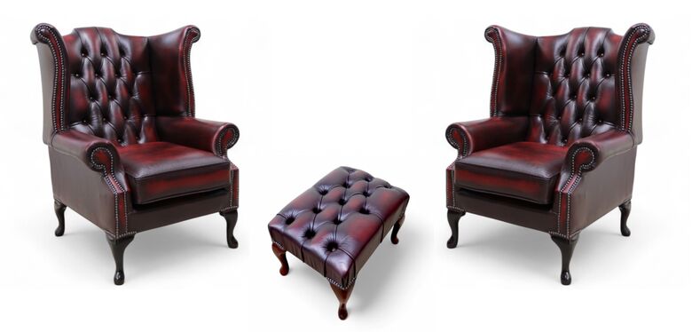 Chesterfield 2 x Queen Anne Chairs+footstool Leather Sofa Suite Offer Antique Oxblood