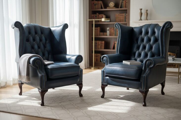 Chesterfield 2 x Queen anne Chairs Leather Sofa Suite Offer Antique Blue