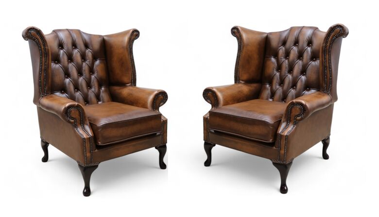 Chesterfield 2 x Queen Anne Chairs Leather Sofa Suite Offer Antique Tan