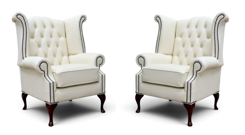 Chesterfield 2 x Queen Anne Chairs Cottonseed Cream Leather