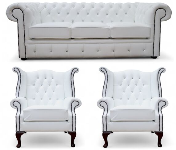 Chesterfield 3+1+1 Crystal Diamond White Leather Sofa Suite Offer