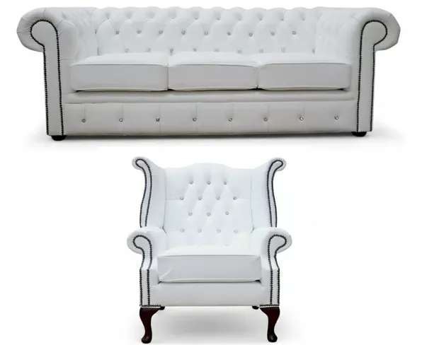 Chesterfield 3+1 Crystal Diamond White Leather Sofa Suite Offer