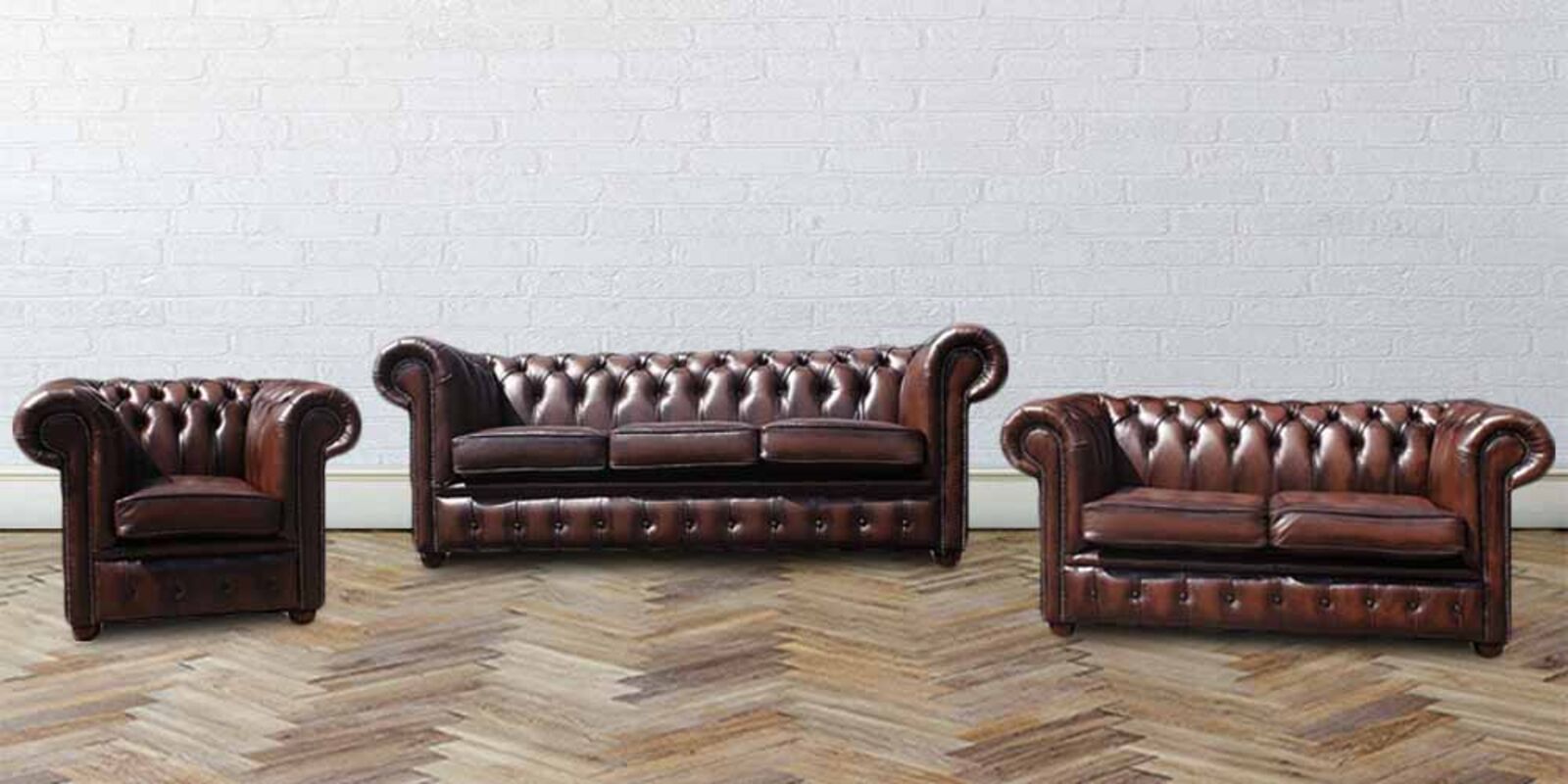 Product photograph of Chesterfield 3 2 1 Seater Real Antique Brown Leather Sofa Suite Offer from Designer Sofas 4U