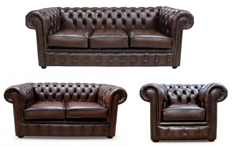 Chesterfield 3+2+1 Seater Real Antique Brown Leather Sofa Suite Offer