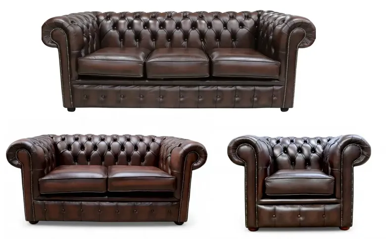 Chesterfield 3+2+1 Seater Real Antique Brown Leather Sofa Suite Offer