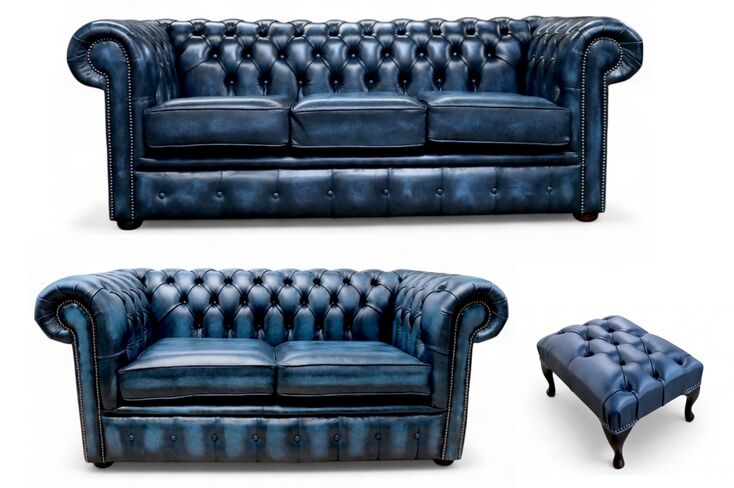 Chesterfield 3+2+Footstool Leather Sofa Offer Antique Blue Leather