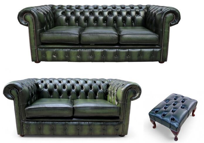 Chesterfield 3+2+Footstool Leather Sofa Offer Antique Green Leather