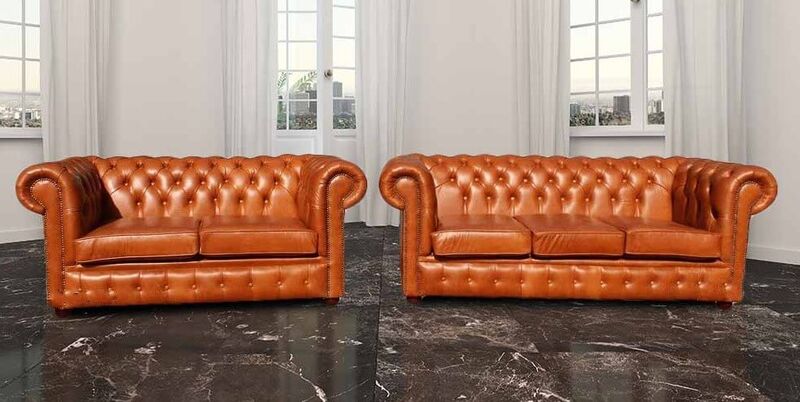 Product photograph of Chesterfield 3 2 Seater Settee Old English Tan Leather Sofa Suite from Designer Sofas 4U