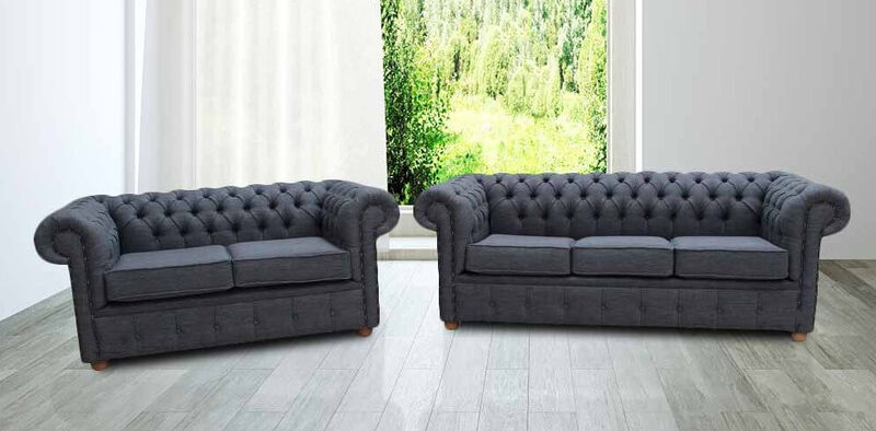 Product photograph of Chesterfield 3 2 Seater Settee Zoe Granite Grey Fabric Sofa Offer from Designer Sofas 4U