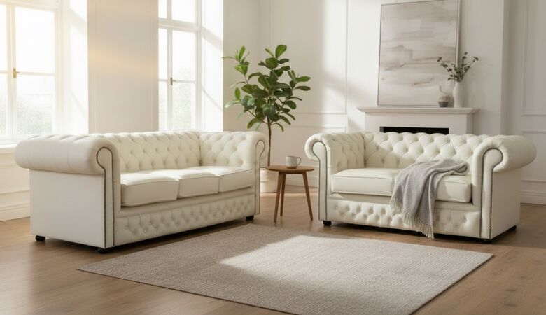 Chesterfield 3 + 2 Seater Shelly Cream Real Leather Sofa Suite Offer