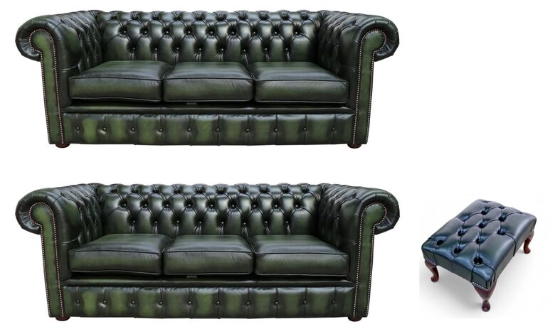 Chesterfield 3+3+Footstool Leather Sofa Offer Antique Green Leather