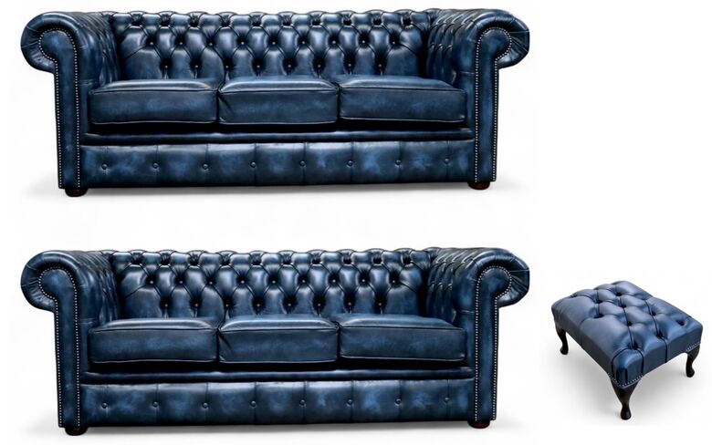 Chesterfield 3+3+Footstool Leather Sofa Suite Offer Antique Blue Leather