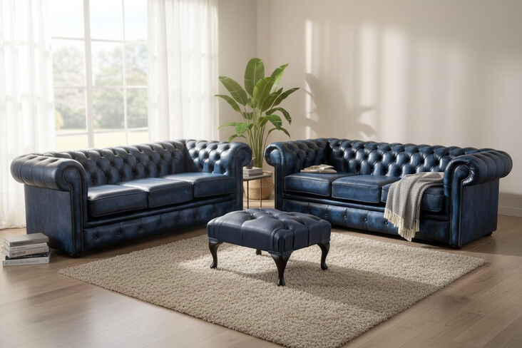 Chesterfield 3+3+Footstool Leather Sofa Suite Offer Antique Blue Leather