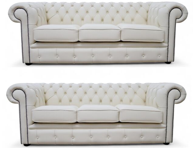 Chesterfield 3+3 Leather Sofa Suite Cottonseed Cream