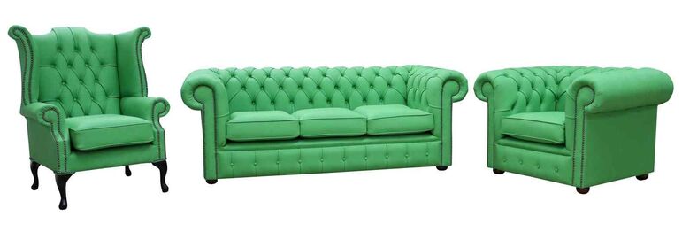 Chesterfield 3 Seater Sofa + Club Chair + Queen Anne Wing Chair Apple Green Leather Sofa Suite