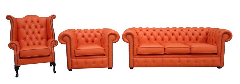 Chesterfield 3 Seater Sofa + Club Chair + Queen Anne Wing Chair Orange Leather Sofa Suite