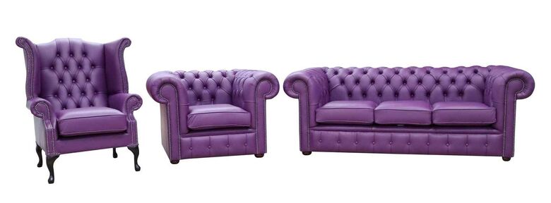 Chesterfield 3 Seater Sofa + Club Chair + Queen Anne Wing Chair Purple Leather Sofa Suite