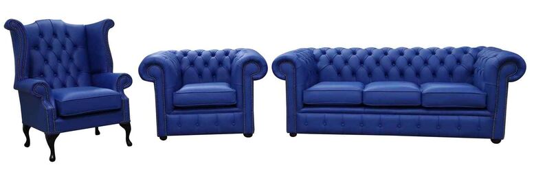 Chesterfield 3 Seater Sofa + Club Chair + Queen Anne Wing Chair Blue Leather Sofa Suite
