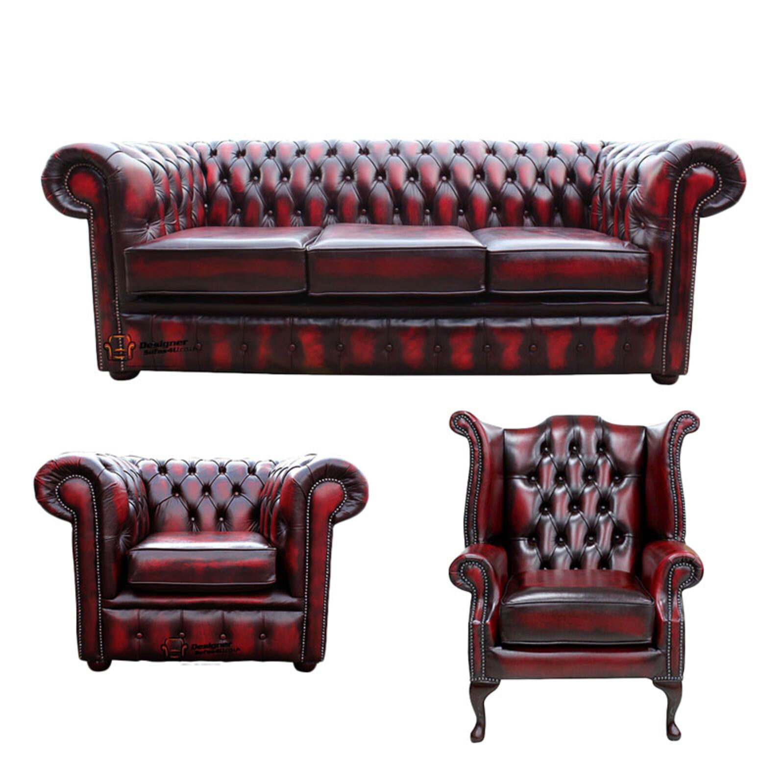 Product photograph of Chesterfield 3 Piece Suite 3 Seater Sofa Club Chair Queen Anne Wing Chair Leather Sofa Suite Offer Antique Oxblood from Designer Sofas 4U