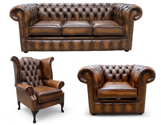 Chesterfield 3 Piece Suite. 3 Seater Sofa + Club Chair + Queen Anne Wing Chair Leather Sofa Suite Offer Antique Tan