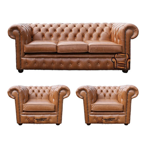 Chesterfield 3 Seater + 2 x Club Chairs Old English Tan Leather Sofa Offer