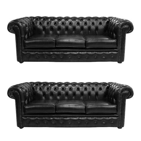 Chesterfield 3 Seater + 3 Seater Sofa Old English Black Leather Sofa Offer