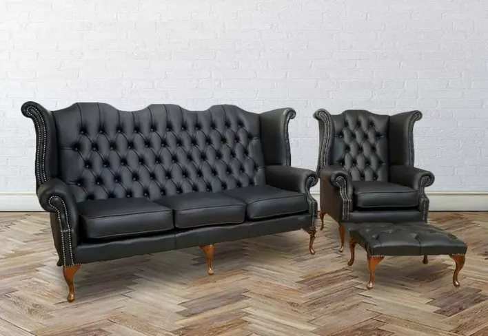 Chesterfield 3 Seater + Queen Anne High Back Wing Chair With footstool UK Manufactured Black
