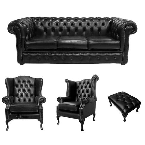 Chesterfield 3 Seater Sofa + 1 x Mallory Wing Chair + 1 x Queen Anne Chair + Footstool Old English Black Leather Sofa Offer