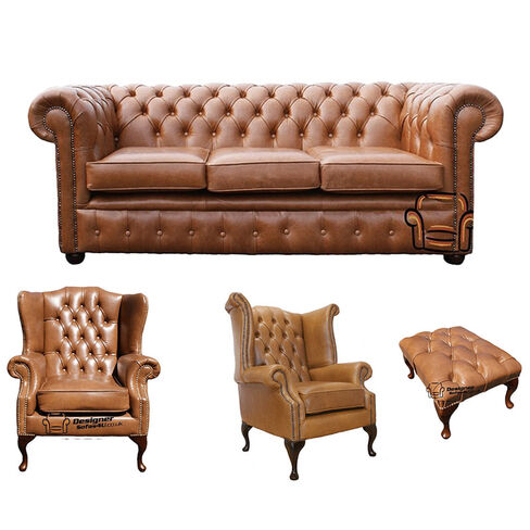 Chesterfield 3 Seater Sofa + 1 x Mallory Wing Chair + 1 x Queen Anne Chair + Footstool Old English Tan Leather Sofa Offer