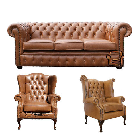 Chesterfield 3 Seater Sofa + 1 x Mallory Wing Chair + 1 x Queen Anne Chair Old English Tan Leather Sofa Offer