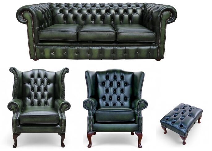 Chesterfield 3 Seater Sofa + 1 x Mallory Wing Chair + 1 x Queen Anne Wing Chair+Footstool Leather Sofa Suite Offer Antique Green
