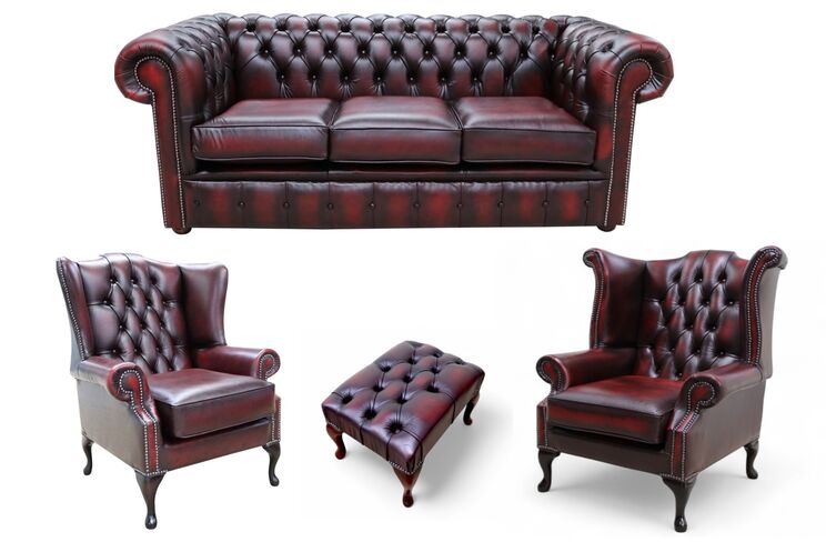 Chesterfield 3 Seater Sofa + 1 x Mallory Wing Chair + 1 x Queen Anne Wing Chair+Footstool Leather Sofa Suite Offer Antique Oxblood