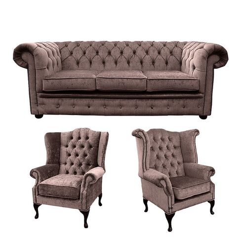 Chesterfield 3 Seater Sofa + 1 x  Mallory Wing Chair + 1 x Queen Anne Wing Chair Harmony Charcoal Velvet Sofa Suite Offer