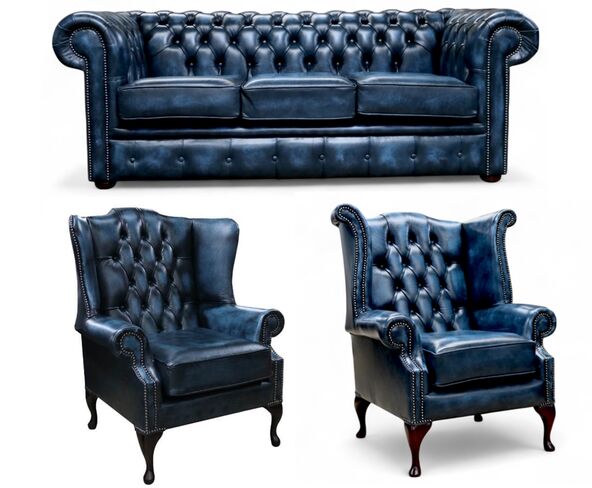 Chesterfield 3 Seater Sofa + 1 x Mallory Wing Chair + 1 x Queen Anne Wing Chair Leather Sofa Suite Offer Antique Blue
