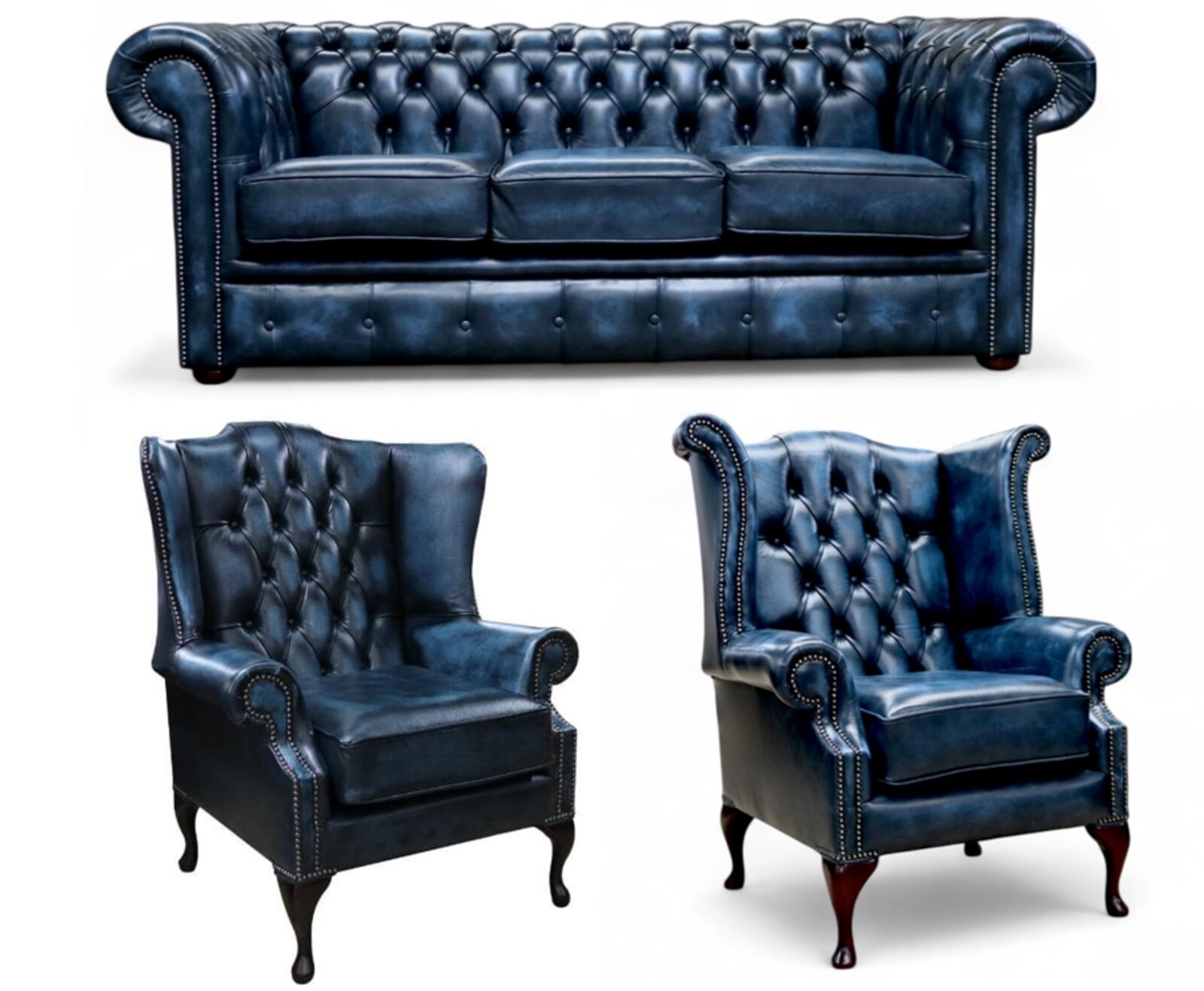 Chesterfield 3 Seater Sofa + 1 x Mallory Wing Chair + 1 x Queen Anne Wing Chair Leather Sofa Suite Offer Antique Blue