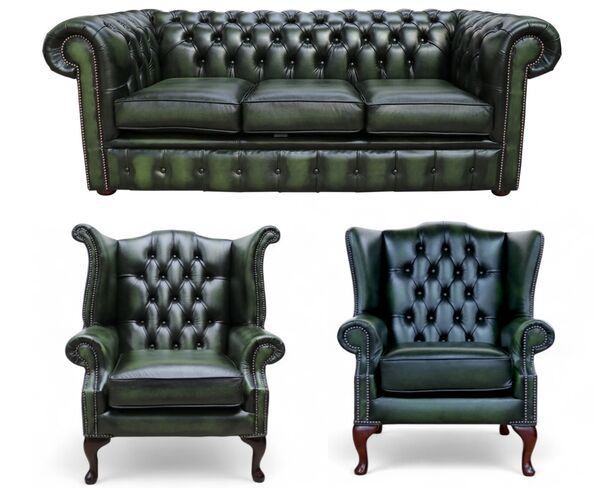 Chesterfield 3 Seater Sofa + 1 x Mallory Wing Chair + 1 x Queen Anne Wing Chair Leather Sofa Suite Offer Antique Green