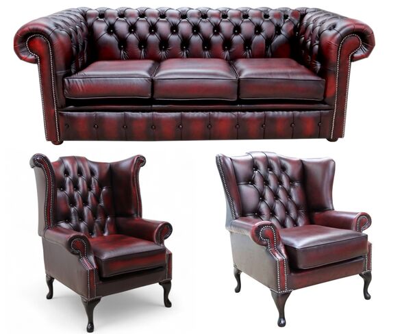 Chesterfield 3 Seater Sofa + 1 x Mallory Wing Chair + 1 x Queen Anne Wing Chair Leather Sofa Suite Offer Antique Oxblood