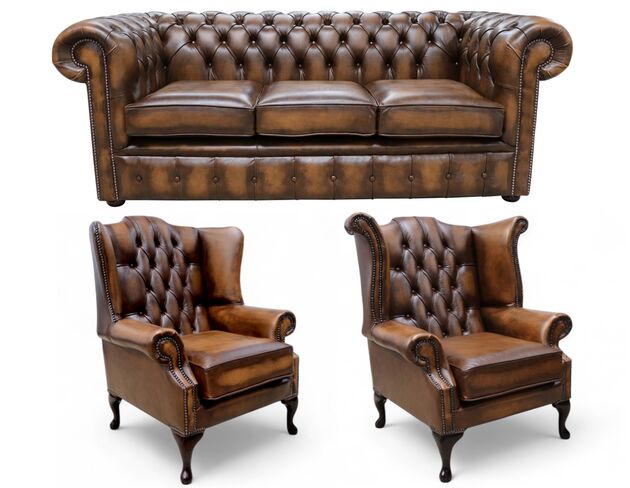 Chesterfield 3 Seater Sofa + 1 x Mallory Wing Chair + 1 x Queen Anne Wing Chair Leather Sofa Suite Offer Antique Tan