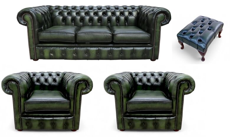 Chesterfield 3 Seater Sofa + 2 x Club Chairs + Footstool Leather Sofa Suite Offer Antique Green