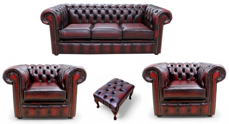 Chesterfield 3 Seater Sofa + 2 x Club Chairs + Footstool Leather Sofa Suite Offer Antique Oxblood