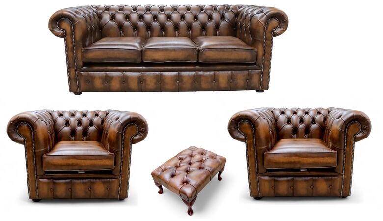 Chesterfield 3 Seater Sofa + 2 x Club Chairs + Footstool Leather Sofa Suite Offer Antique Tan
