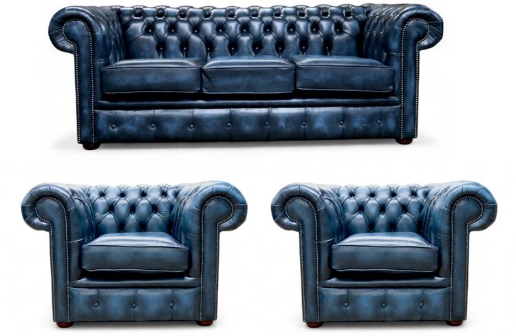 Chesterfield 3 Seater Sofa + 2 x Club Chairs Leather Sofa Suite Offer Antique Blue