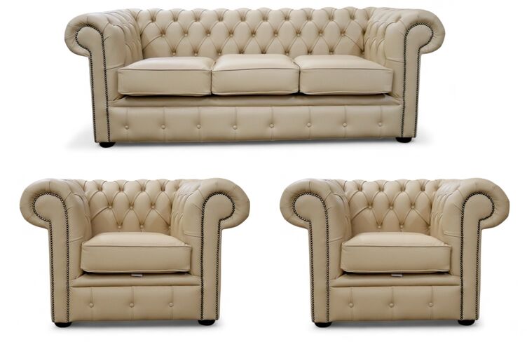 Chesterfield 3 Seater Sofa + 2 x Club Chairs Leather Sofa Suite Offer Ivory