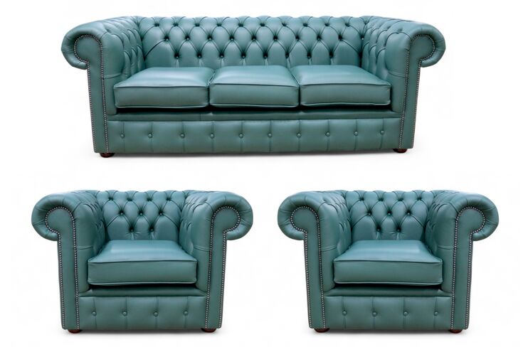 Chesterfield 3 Seater Sofa + 2 x Club Chairs Leather Sofa Suite Jade Green