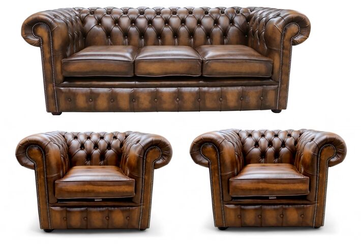 Chesterfield 3 Seater Sofa + 2 x Club Chairs Leather Sofa Suite Offer Antique Tan