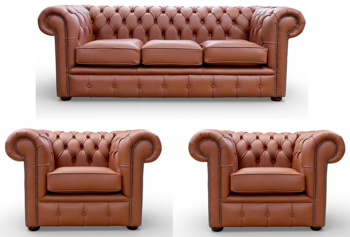 Chesterfield 3 Seater Sofa + 2 x Club Chairs Spice Leather Sofa Suite