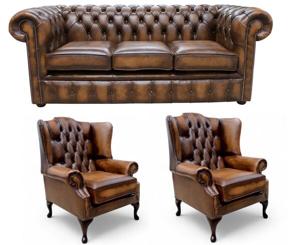 Chesterfield 3 Seater Sofa + 2 x Mallory Queen Anne Chairs Leather Sofa Suite Offer Antique Tan
